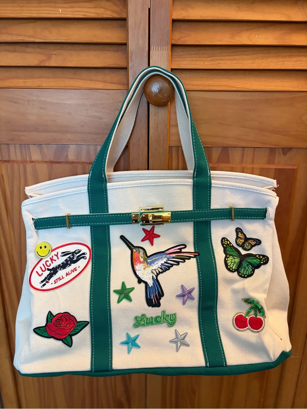 Lucky Canvas Tote in Cream with Green Trim and Embroidered Patches